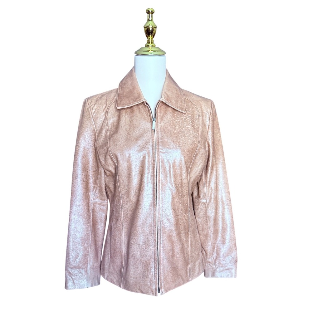 Y2K‎ Redi Pink Metallic Leather Jacket Embossed Floral Moto Zip Front Size Small